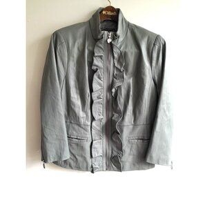 Womens Leather Moto Classic City Ruffle Front Sz Large Preppy Jacket Sage Green